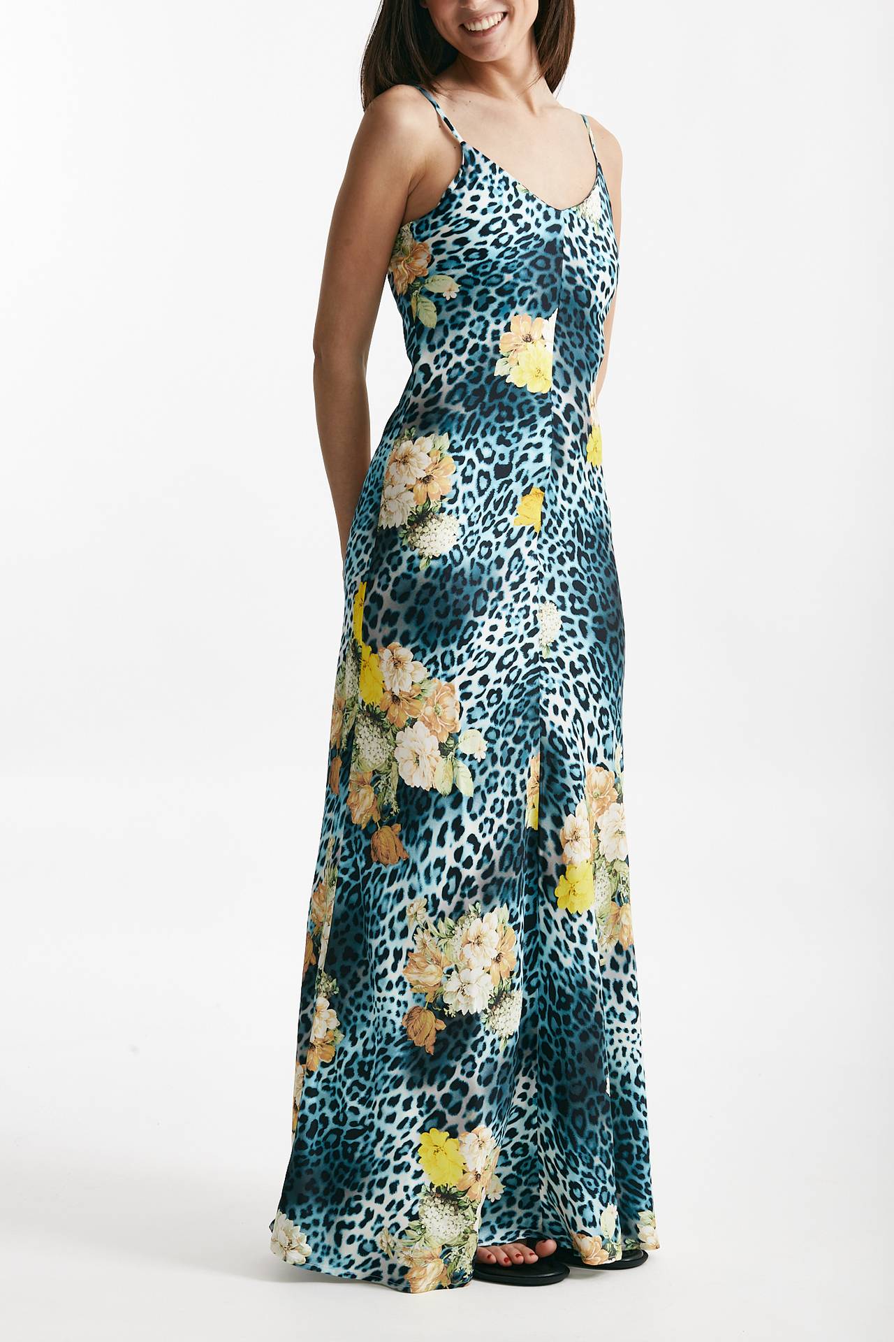 abito lungo in viscosa fantasia animalier azzurra e gialla women Bellini - 4