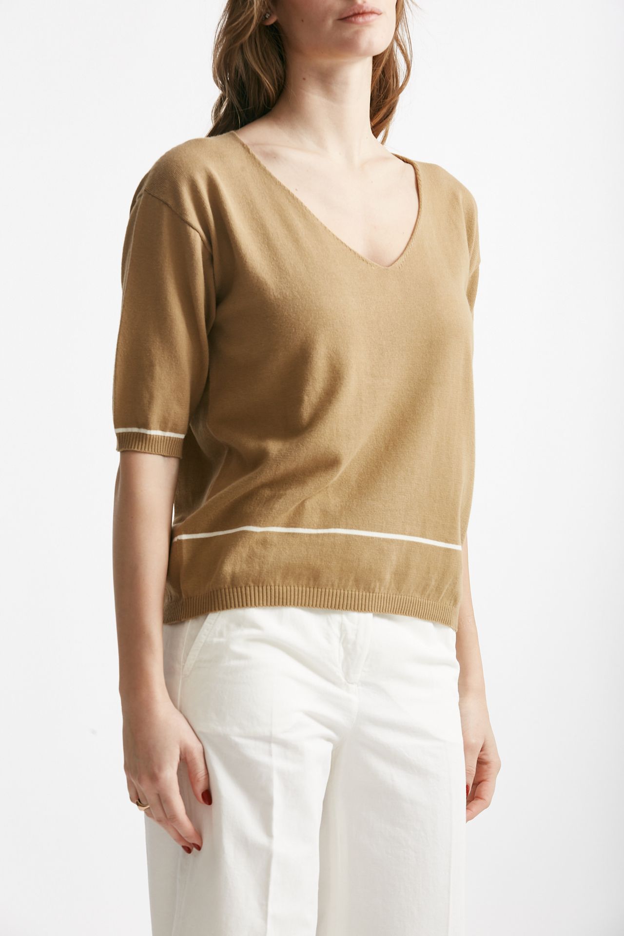 maglia scollo v cammello con riga panna women Clouds - 3