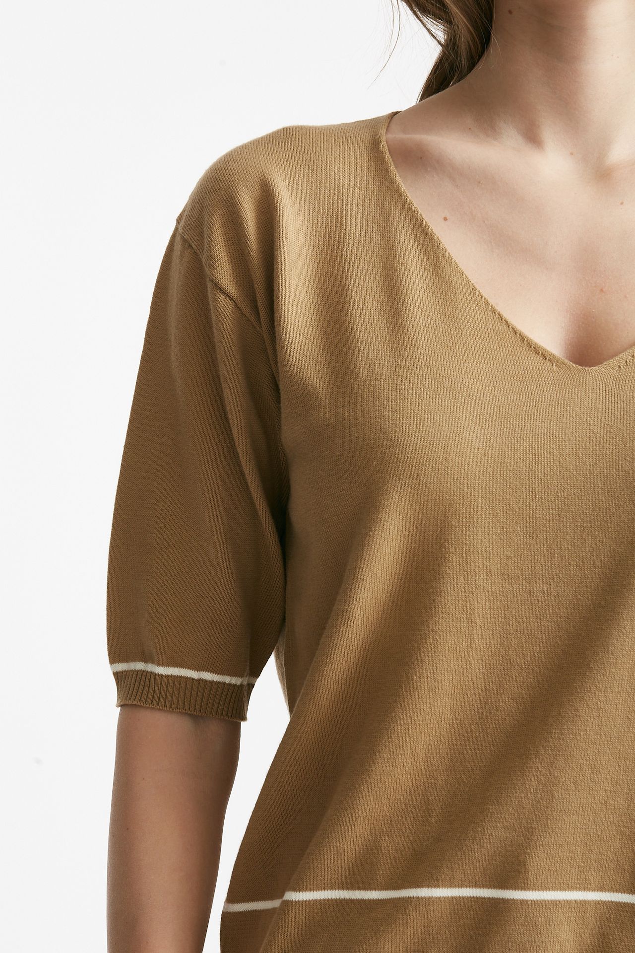 maglia scollo v cammello con riga panna women Clouds - 4