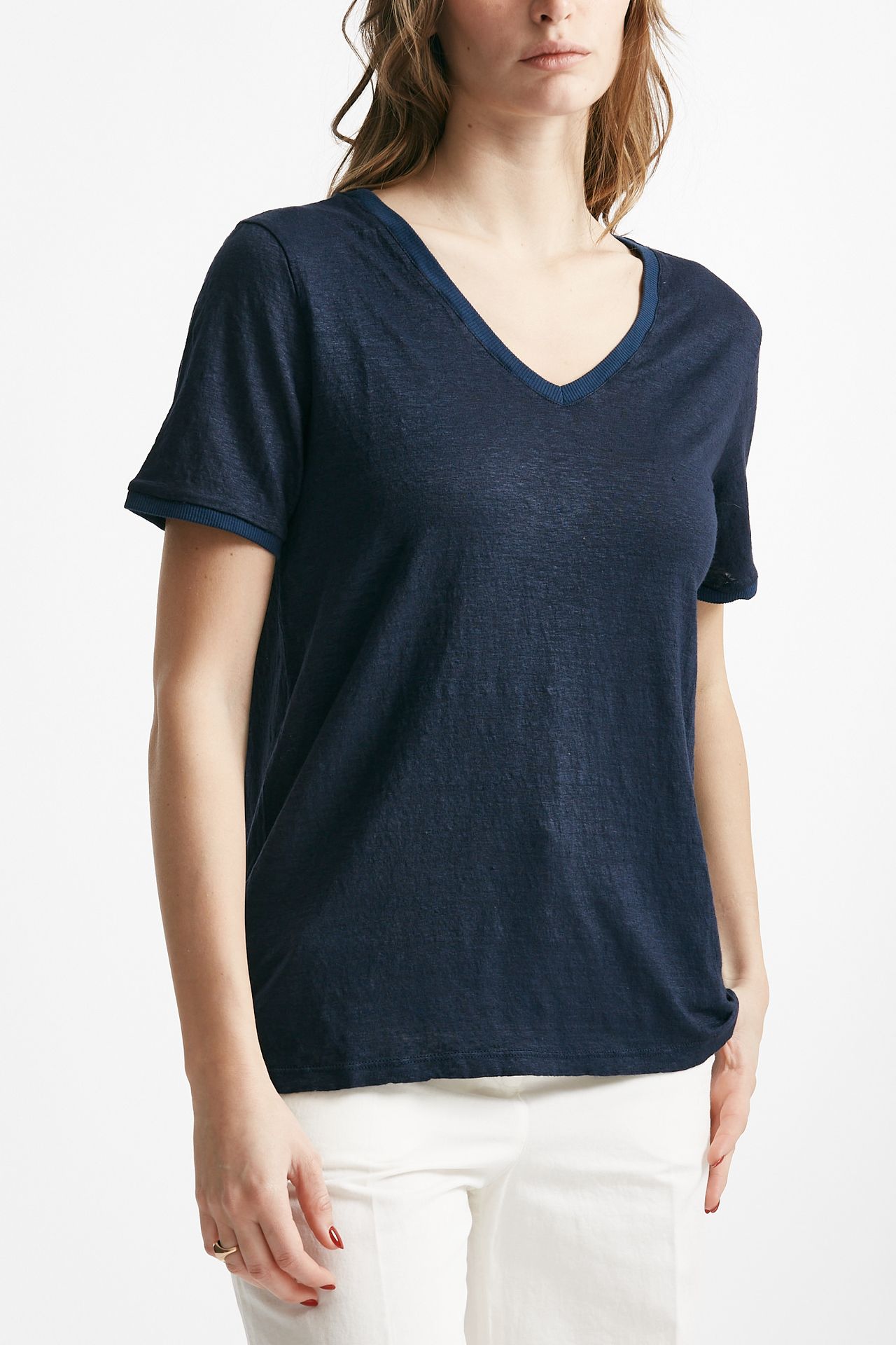t-shirt in lino blu scollo a v women Clouds - 4
