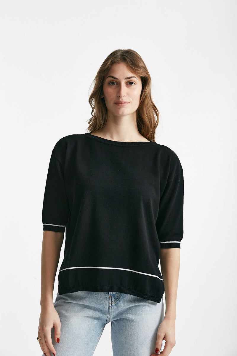 maglia in cotone nero con riga bianca spalla scesa women Clouds