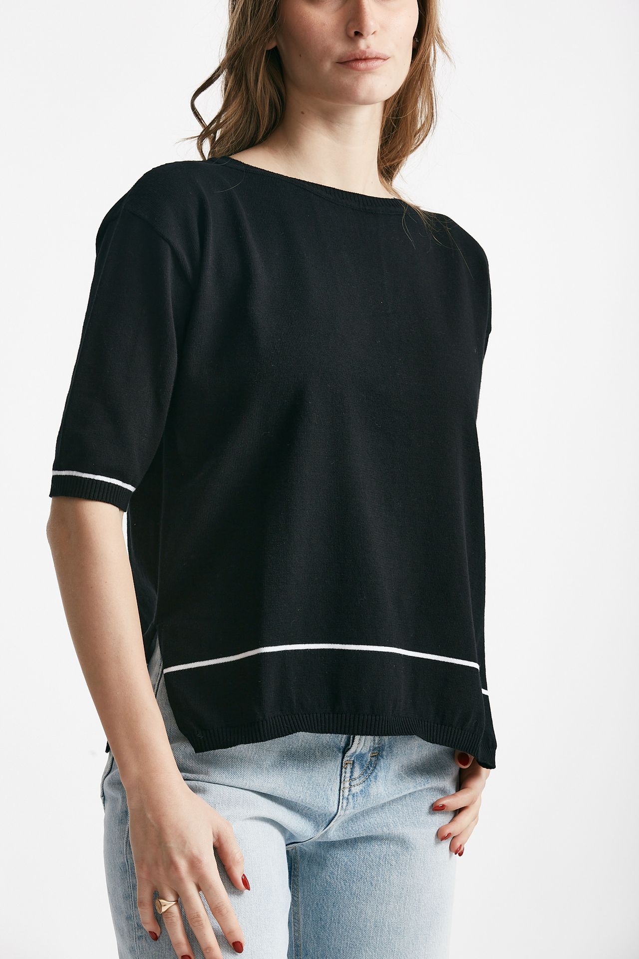maglia in cotone nero con riga bianca spalla scesa women Clouds - 4