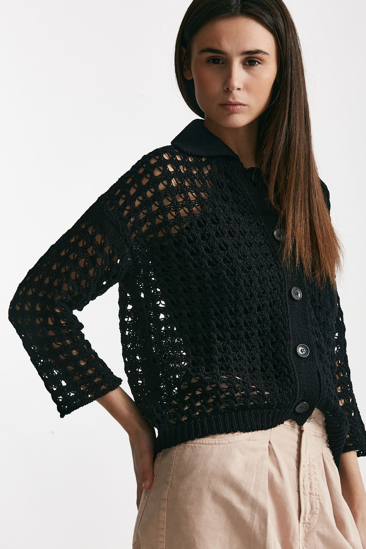 cardigan traforato a costine nero women Laneus - 4