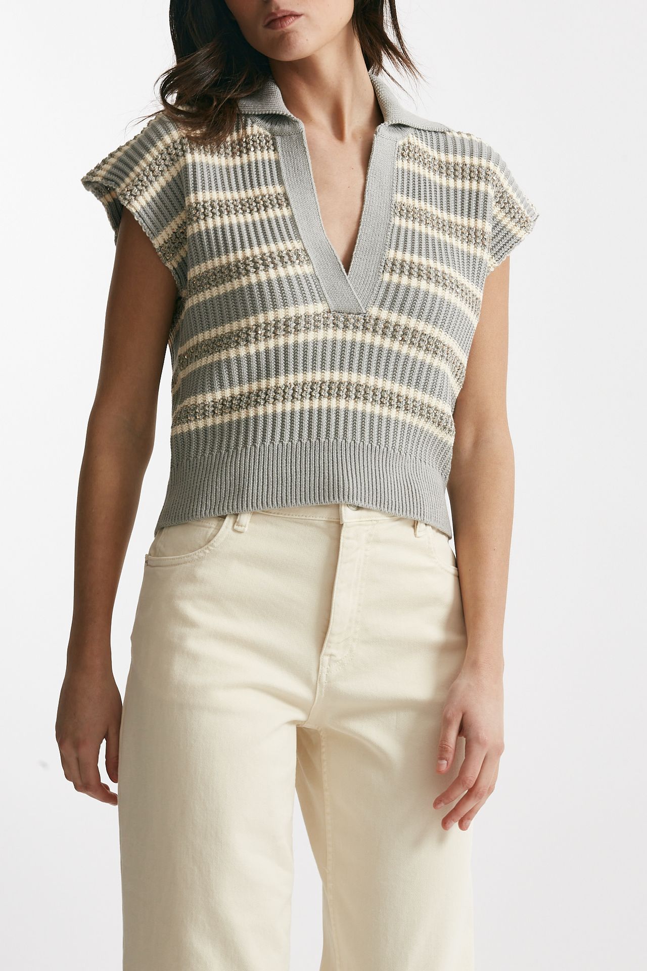 maglia lavorata panna e grigia con filo oro women Nude - 4