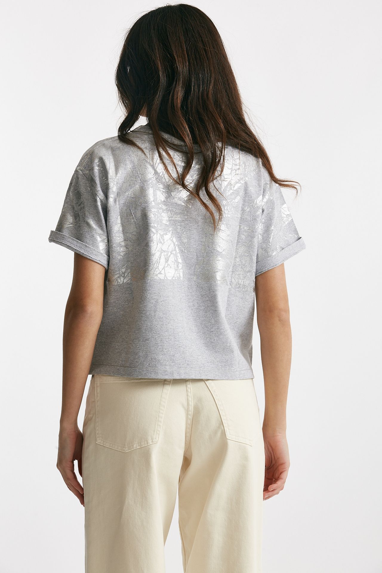 t-shirt a scatolina grigio con stampa argento women Nude - 3