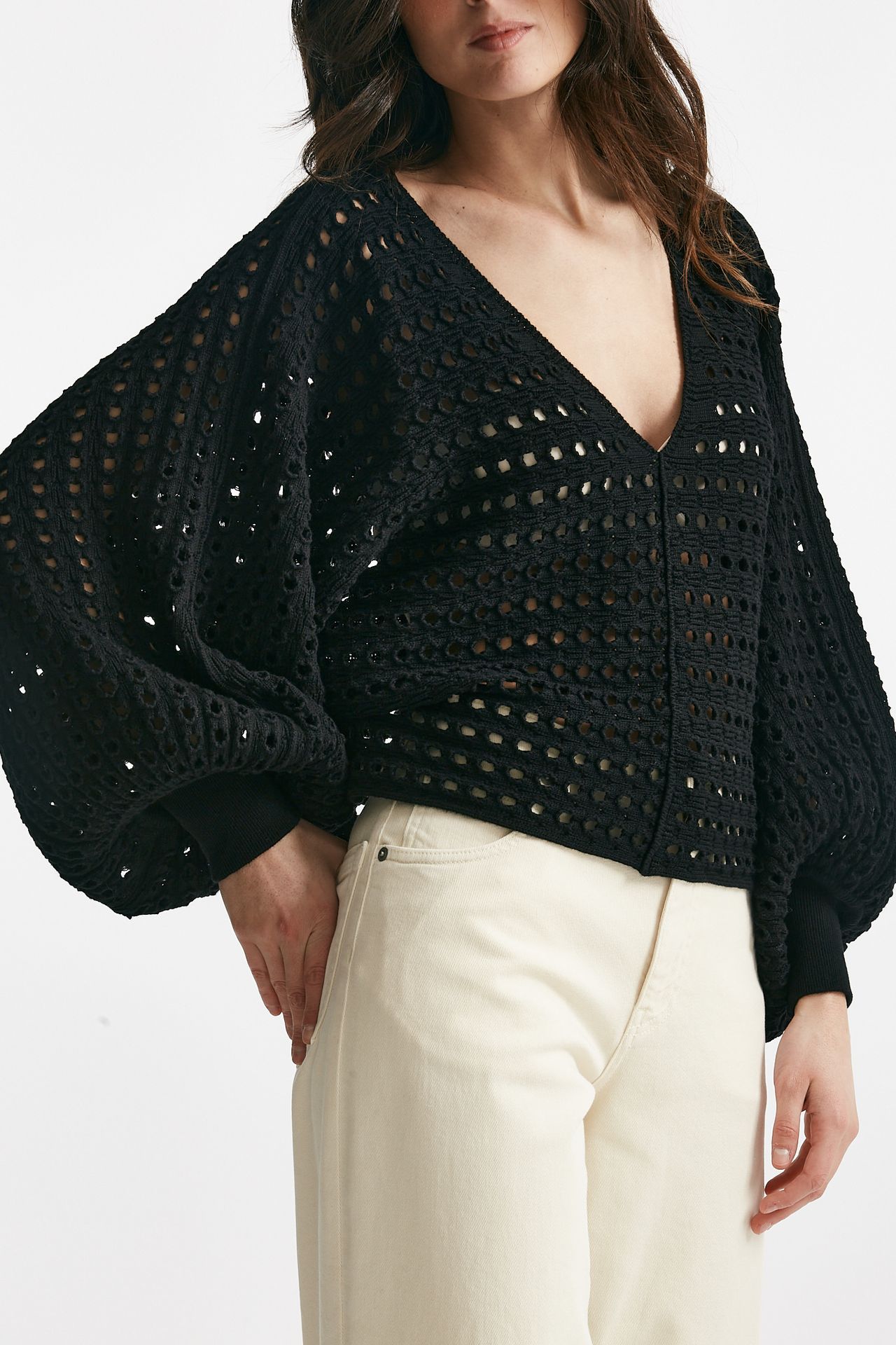 maglia traforata nero scollo a v women Nude - 4