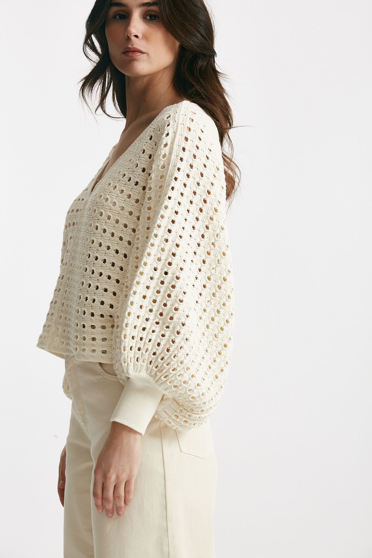 maglia traforata panna scollo a v women Nude - 2