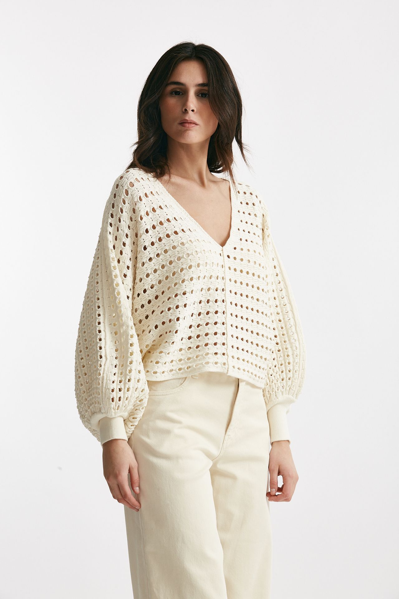 maglia traforata panna scollo a v women Nude - 4