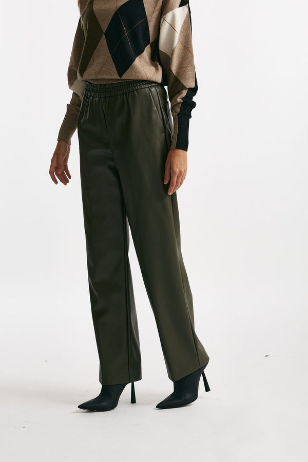 pantalone dritto eco pelle verde oliva women Nude