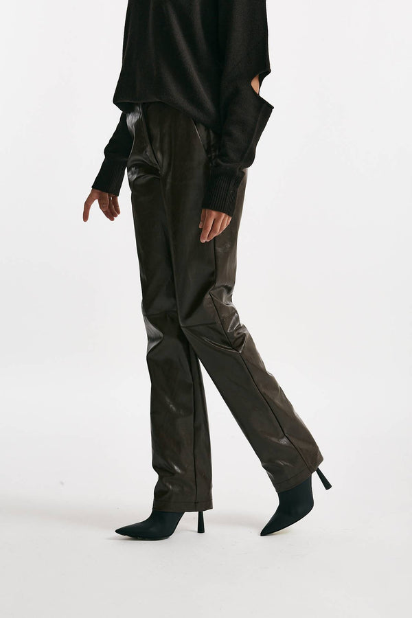 pantalone dritto in eco pelle cioccolato vita alta women Federica tosi