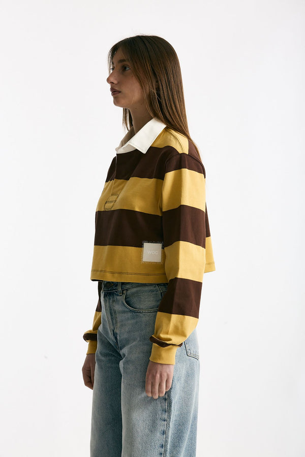 Polo crop rigata marrone e gialla women Woc