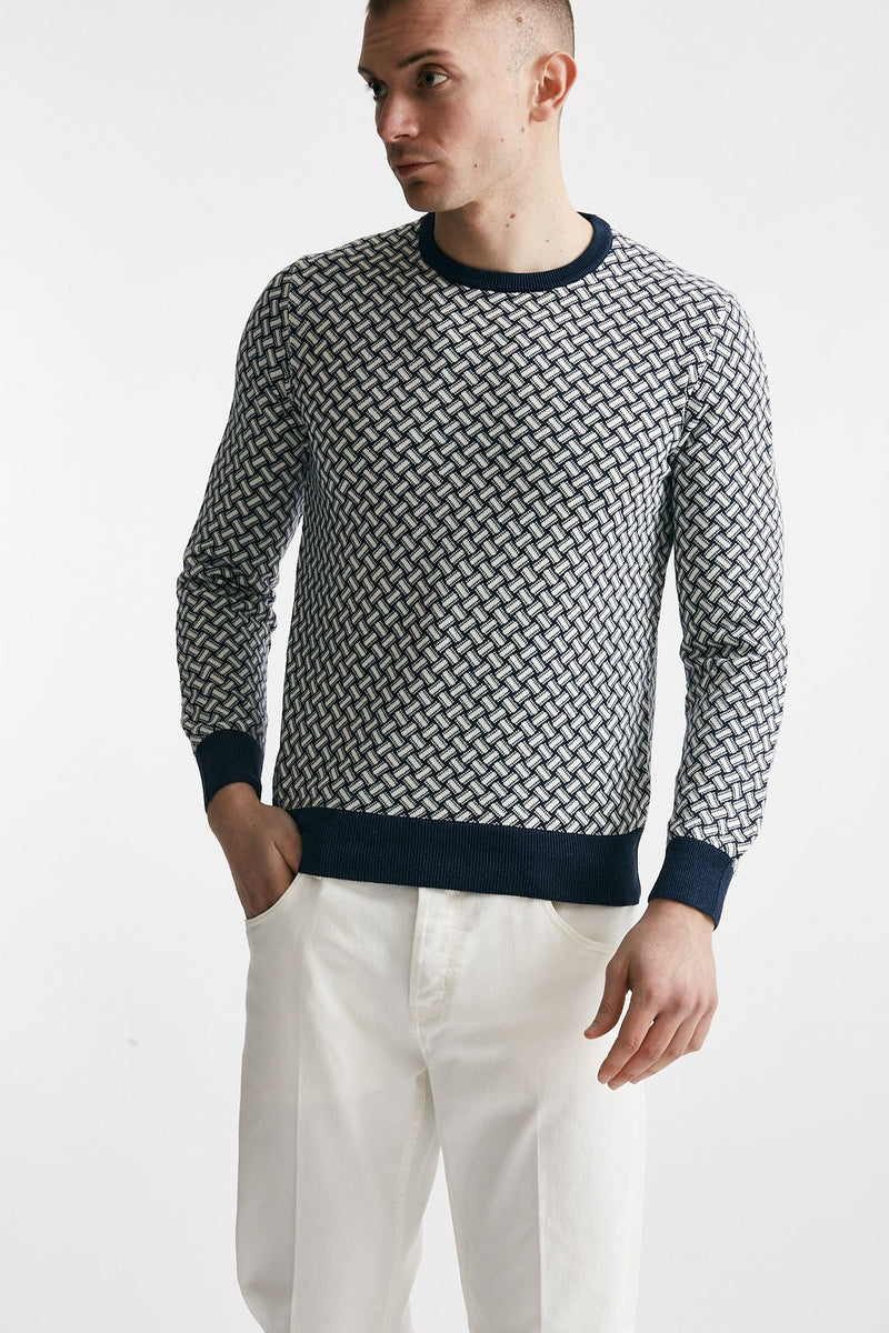 maglia in cotone e lino girocollo fantasia bianco e blu men Drumohr