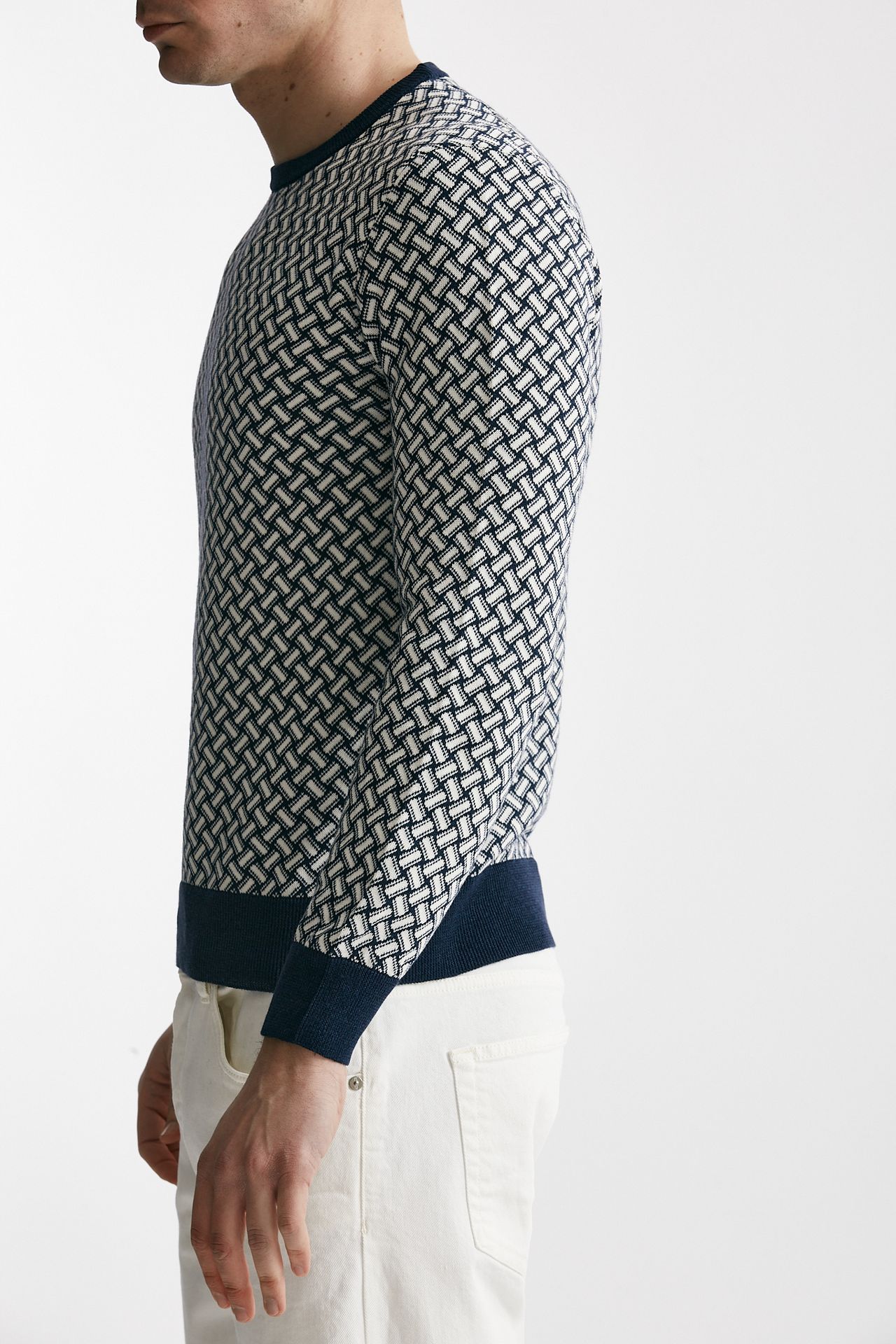 maglia in cotone e lino girocollo fantasia bianco e blu men Drumohr - 2