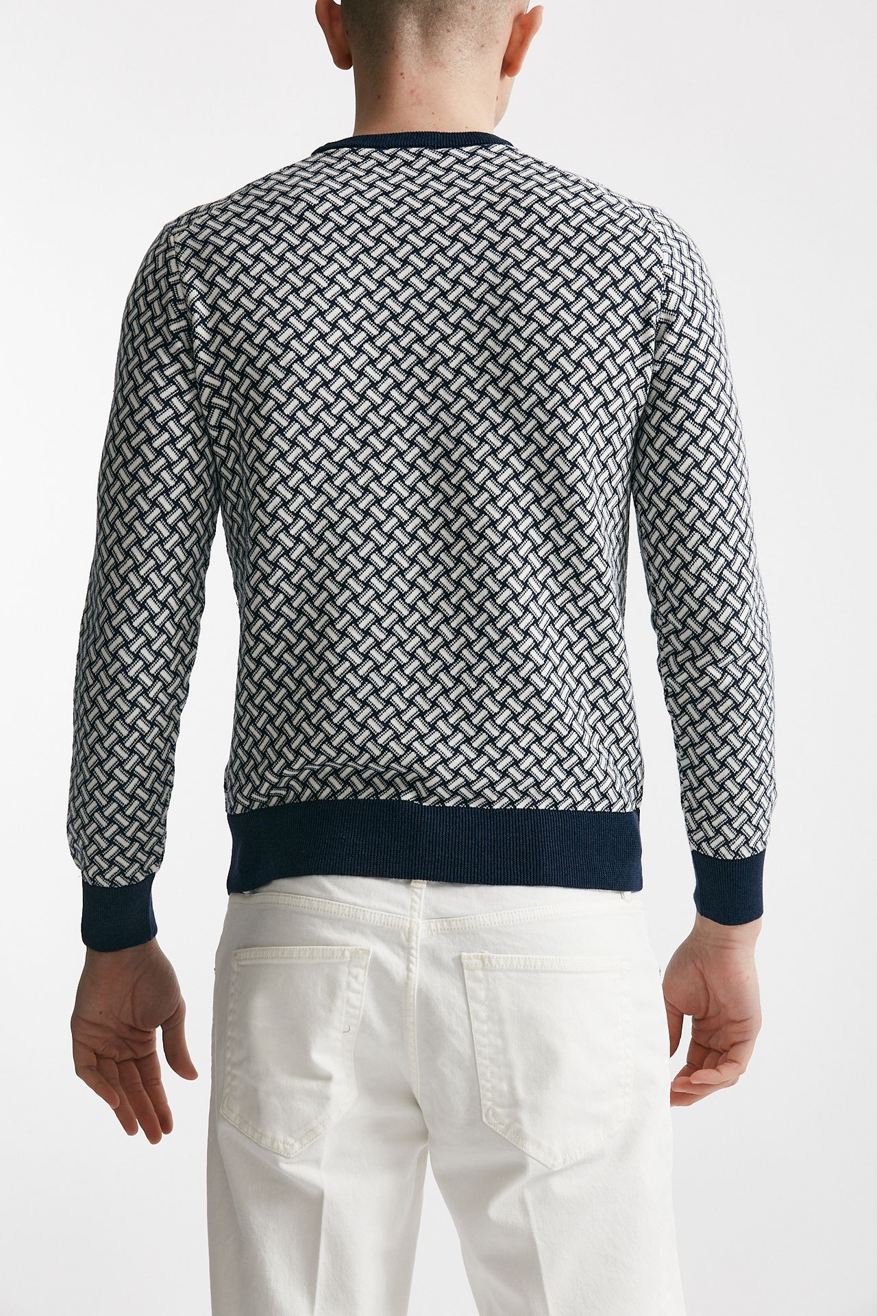 maglia in cotone e lino girocollo fantasia bianco e blu men Drumohr - 3