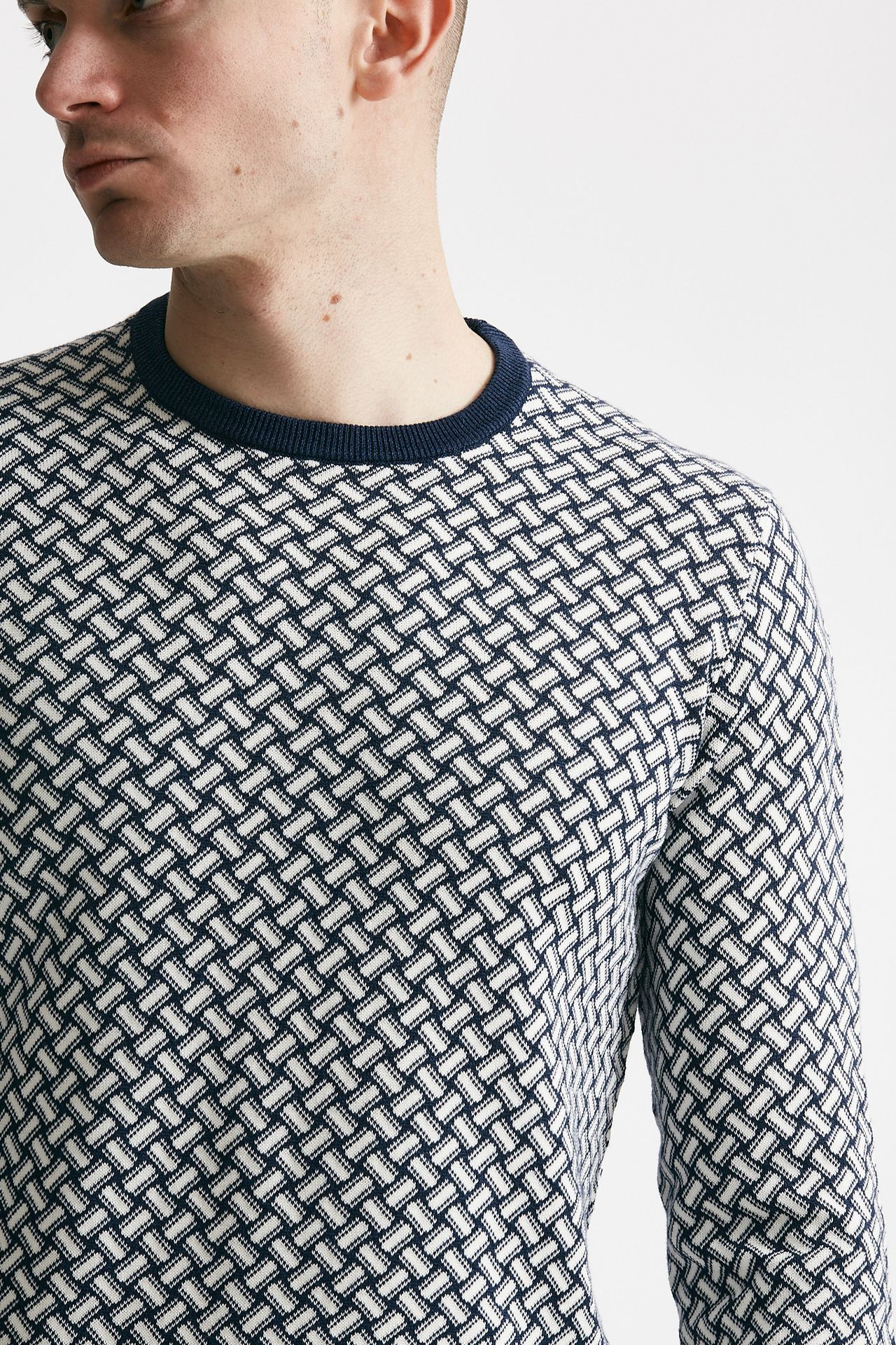 maglia in cotone e lino girocollo fantasia bianco e blu men Drumohr - 5