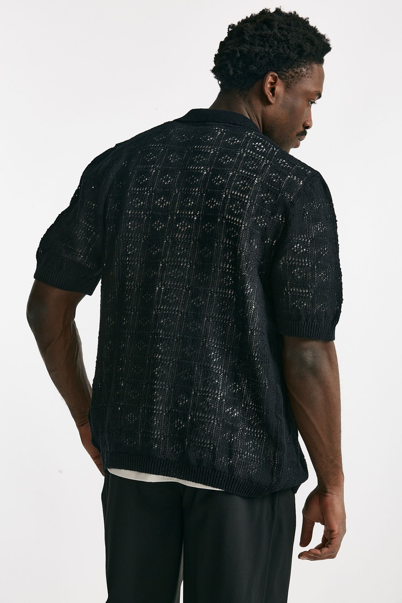 polo camicia traforata in cotone e lino nero men Laneus - 3