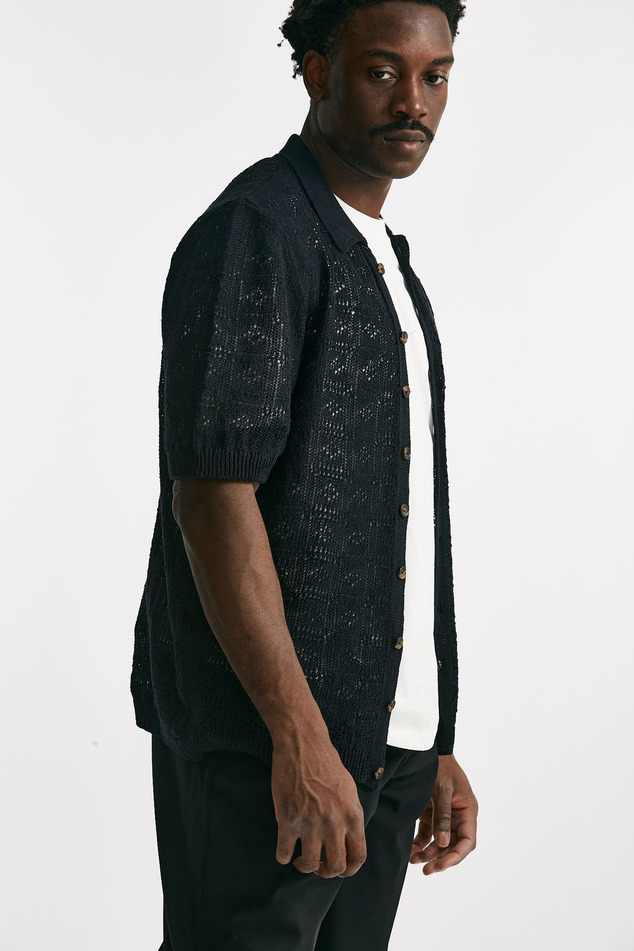 polo camicia traforata in cotone e lino nero men Laneus - 4