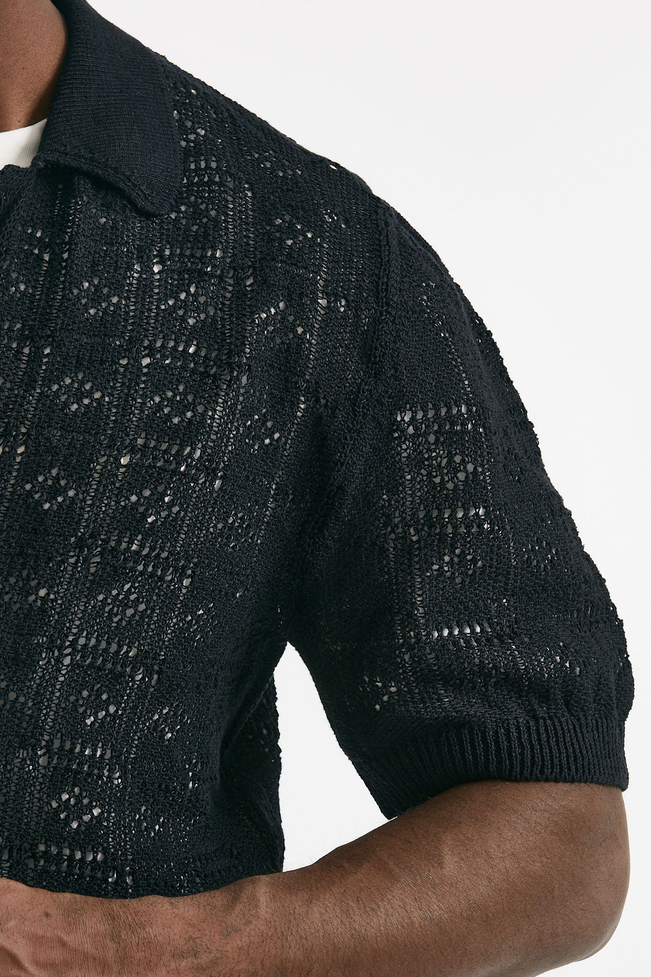 polo camicia traforata in cotone e lino nero men Laneus - 7