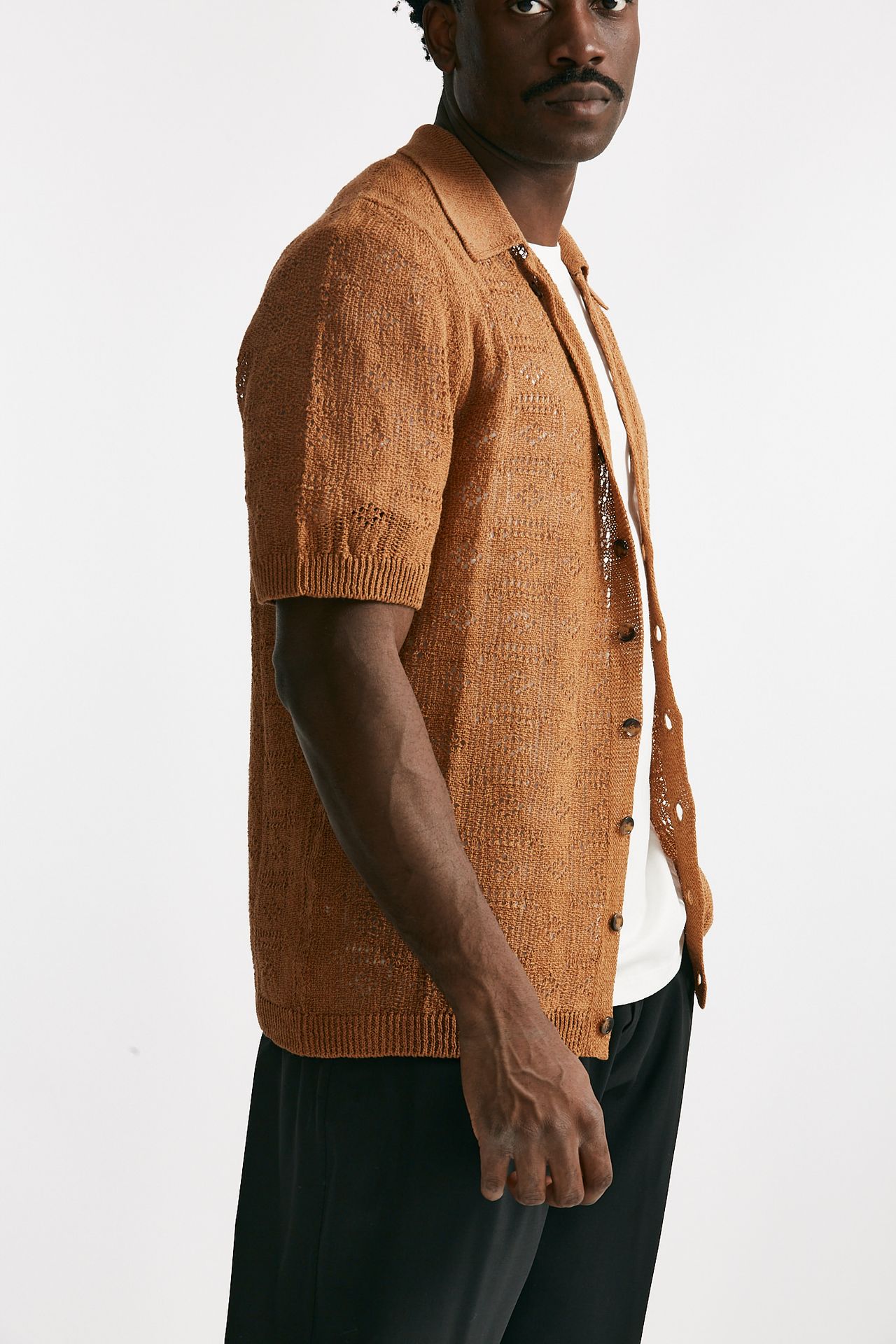 polo camicia traforata in cotone e lino ocra men Laneus - 4