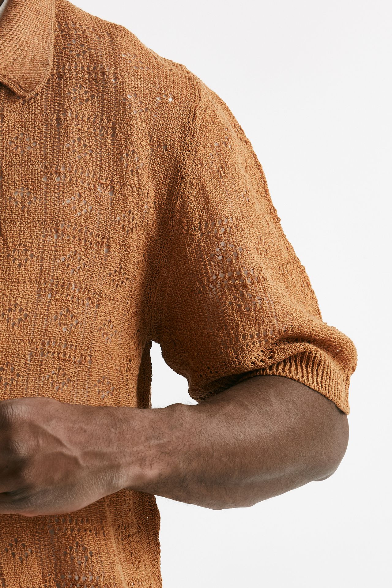 polo camicia traforata in cotone e lino ocra men Laneus - 6