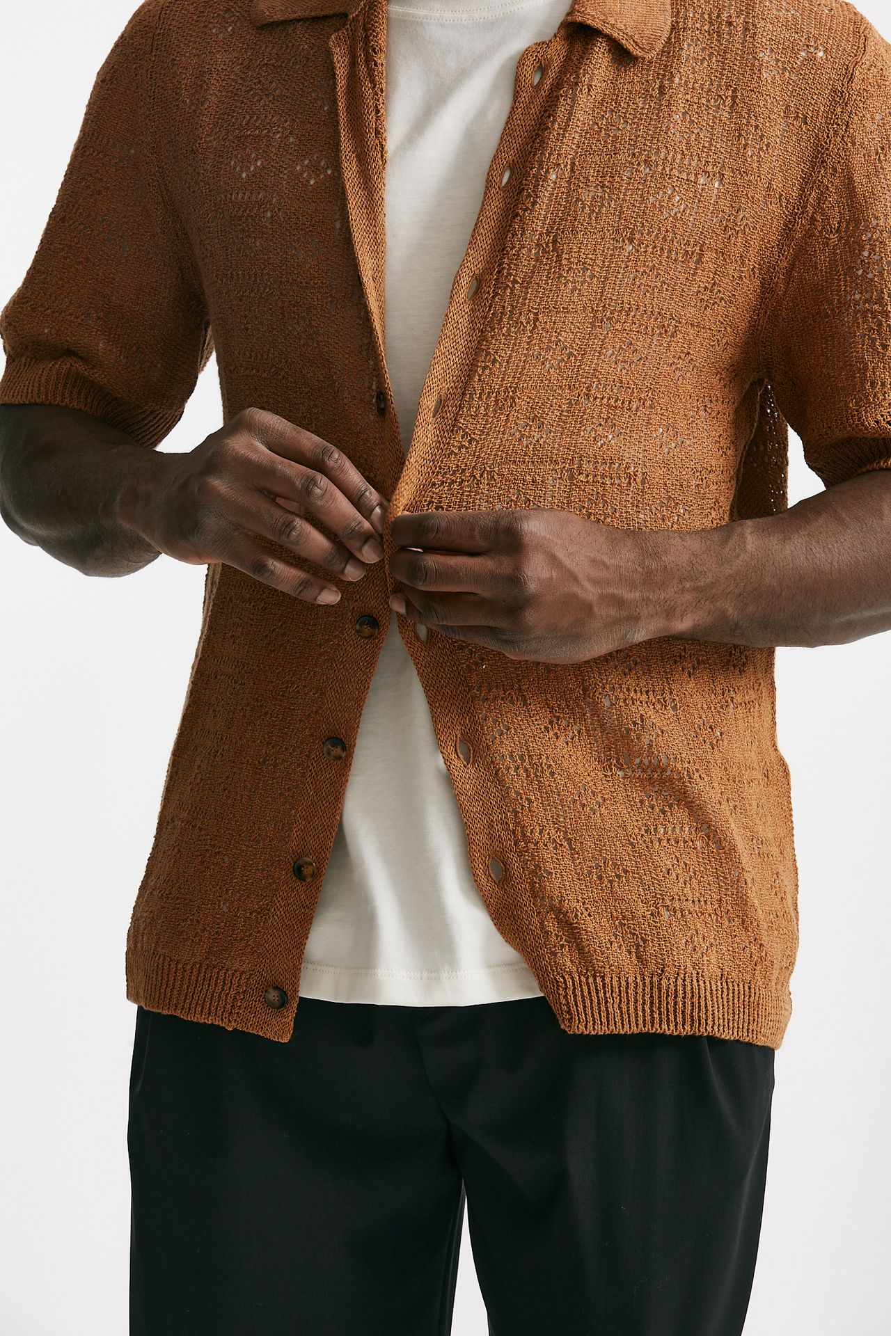 polo camicia traforata in cotone e lino ocra men Laneus - 7
