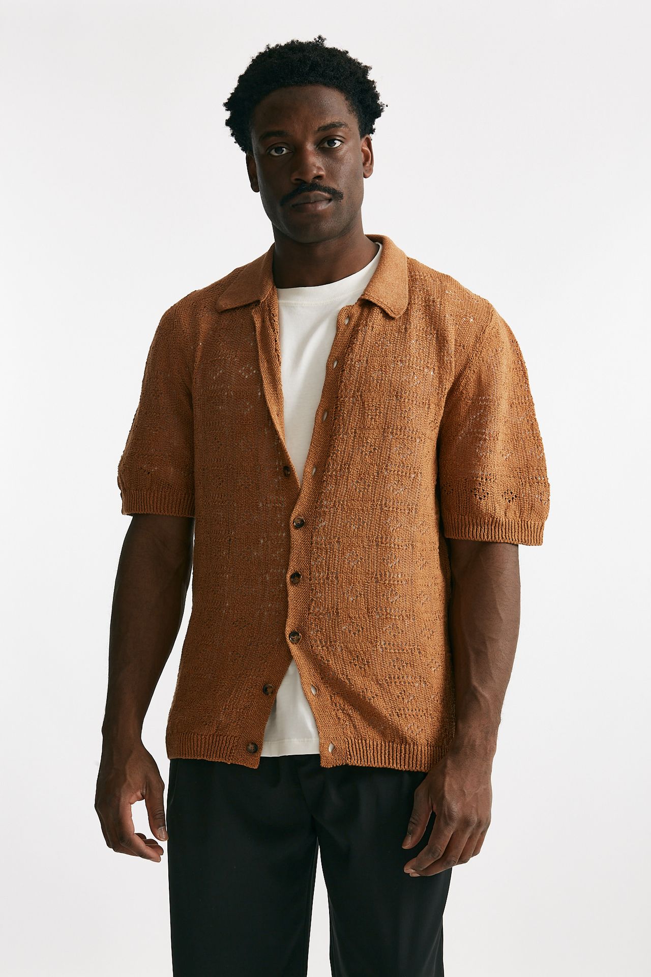 polo camicia traforata in cotone e lino ocra men Laneus - 8