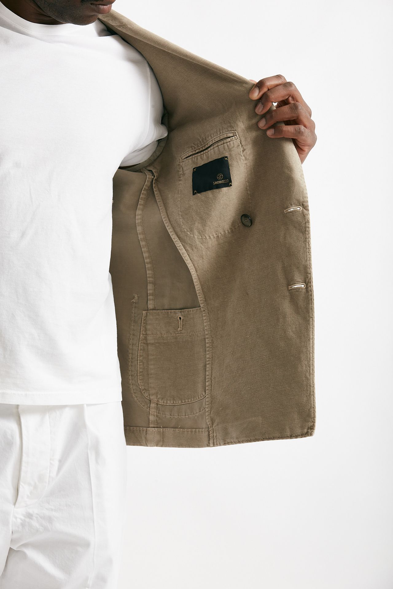 giacca doppiopetto beige cotone e lino lavato men Santaniello - 7