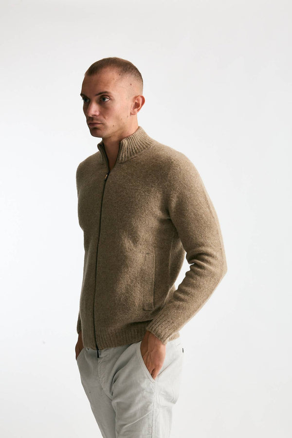 Maglia in lambswool beige full zip men Drumohr