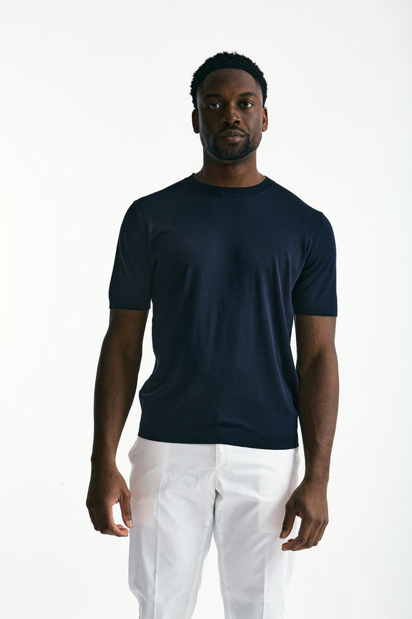 T-shirt in seta e cotone blu men Kangra