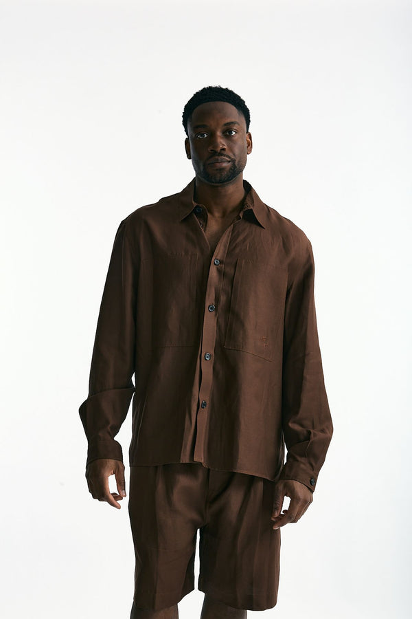 Camicia in viscosa e lino marrone men Laneus