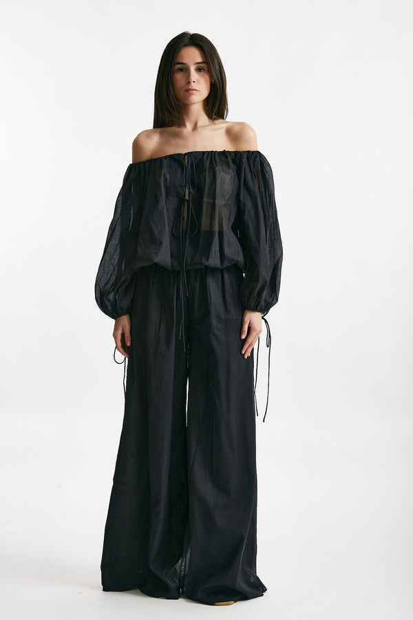 pantalone vita alta in mussola di cotone nero women The andamane
