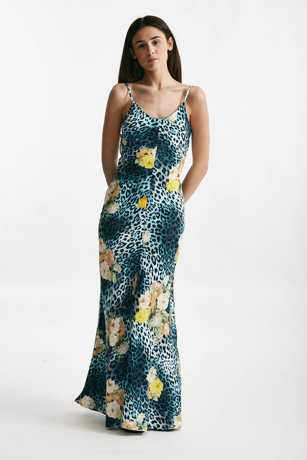 abito lungo in viscosa fantasia animalier azzurra e gialla women Bellini