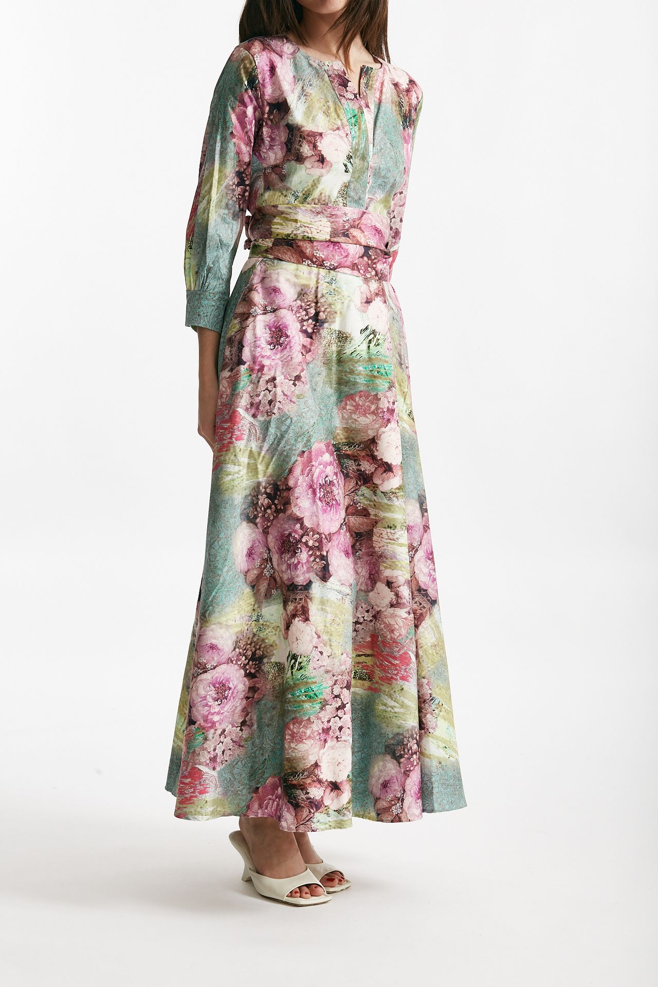 abito in cotone fantasia rosa e verde scollato women Bellini - 4