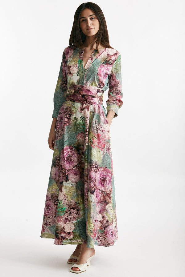 abito in cotone fantasia rosa e verde scollato women Bellini