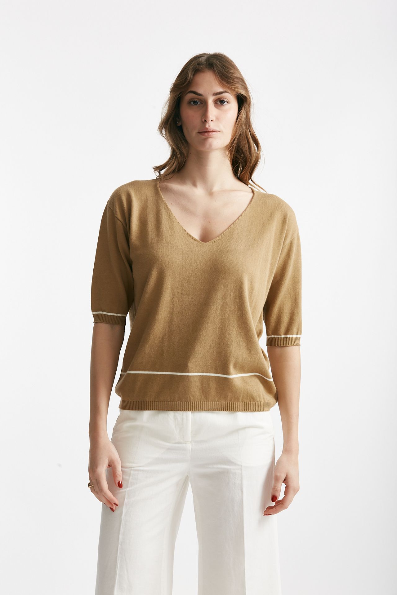 maglia scollo v cammello con riga panna women Clouds - 1