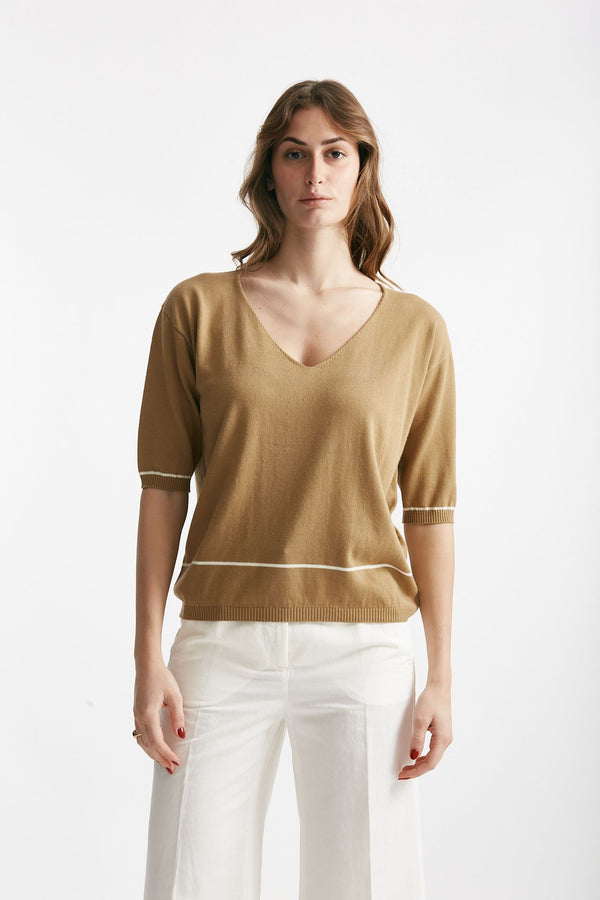 maglia scollo v cammello con riga panna women Clouds