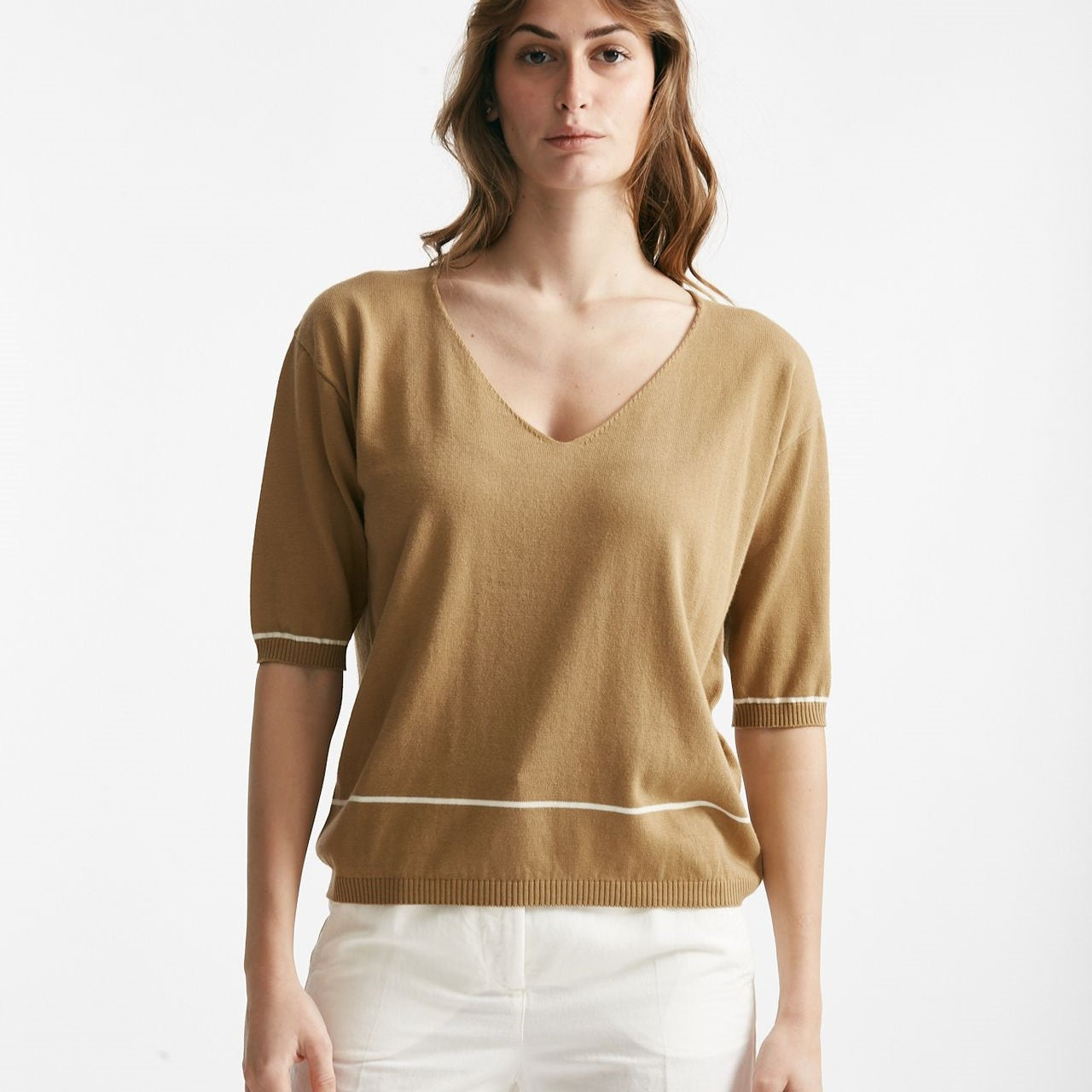 maglia scollo v cammello con riga panna women Clouds - 5