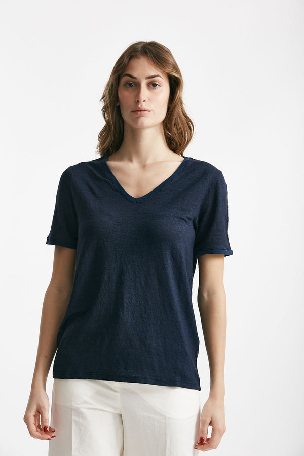 t-shirt in lino blu scollo a v women Clouds