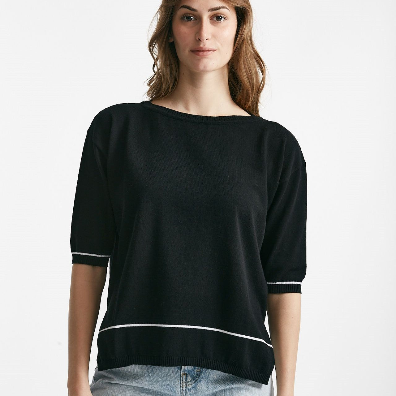maglia in cotone nero con riga bianca spalla scesa women Clouds - 6