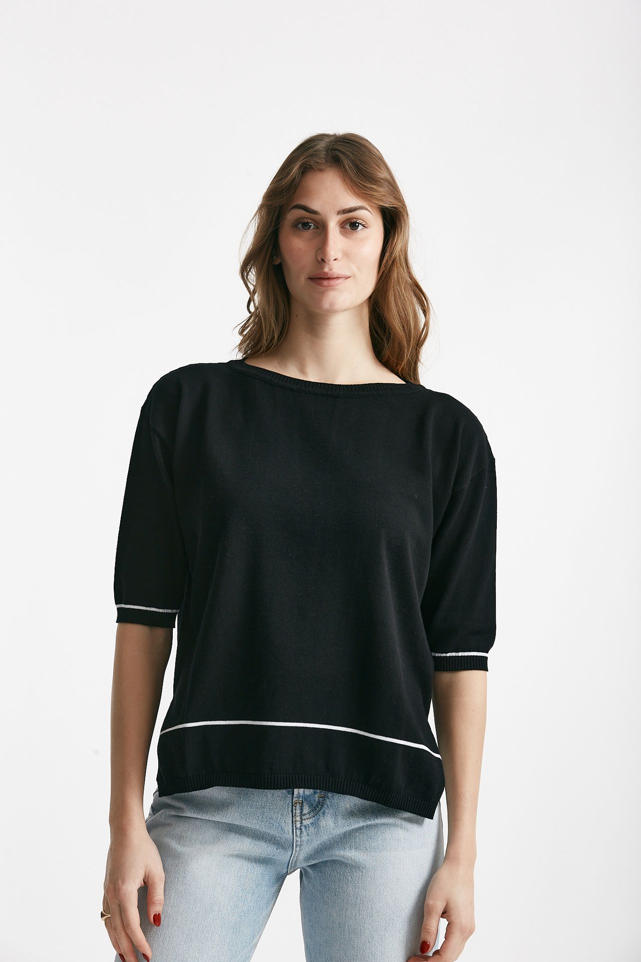 maglia in cotone nero con riga bianca spalla scesa women Clouds - 1