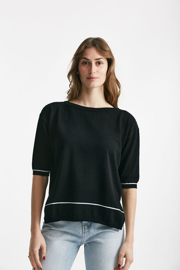 maglia in cotone nero con riga bianca spalla scesa women Clouds