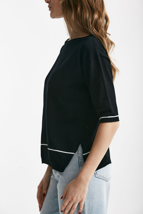 maglia in cotone nero con riga bianca spalla scesa women Clouds