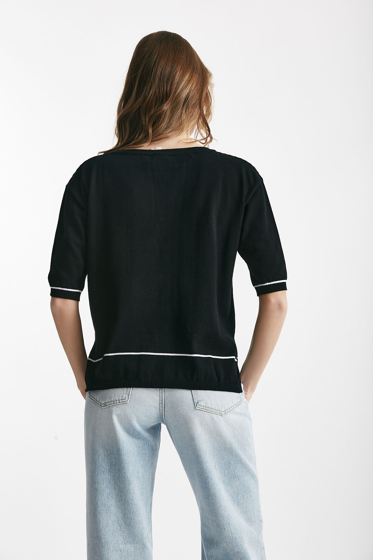 maglia in cotone nero con riga bianca spalla scesa women Clouds - 3