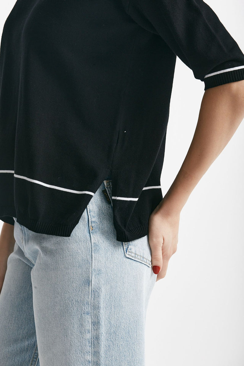 maglia in cotone nero con riga bianca spalla scesa women Clouds - 5