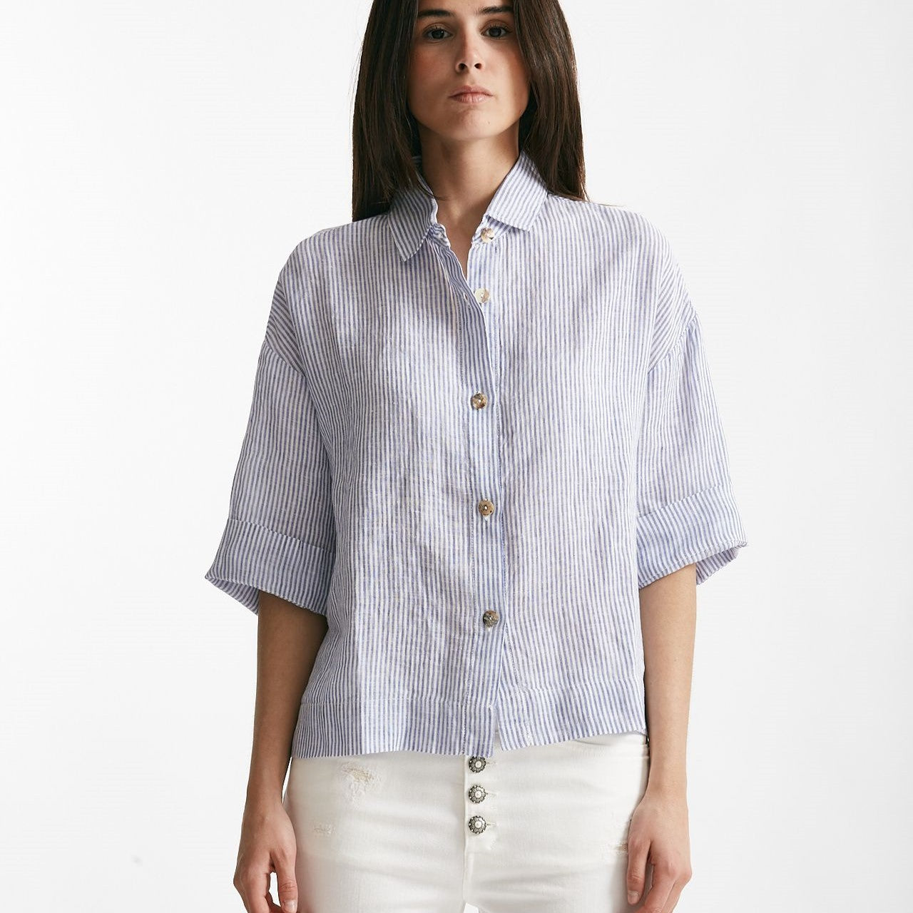 camicia in lino rigata bianca e azzurra women Clouds - 8