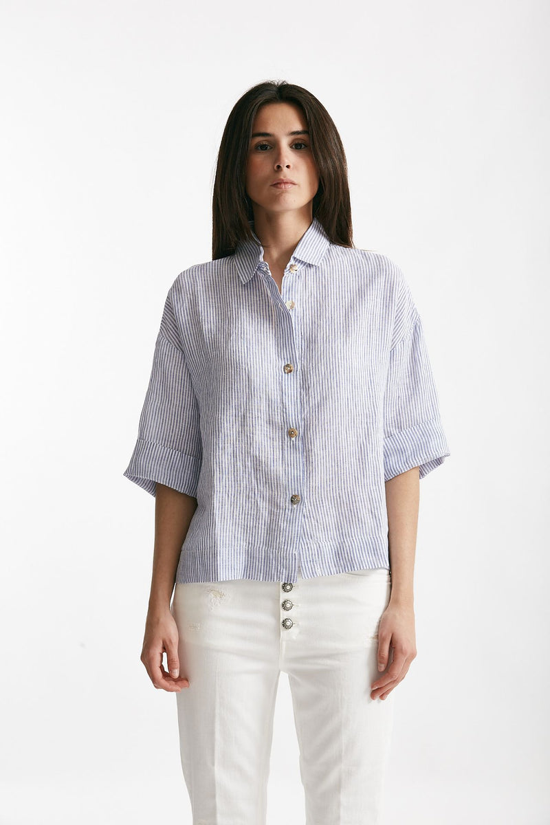 camicia in lino rigata bianca e azzurra women Clouds - 1
