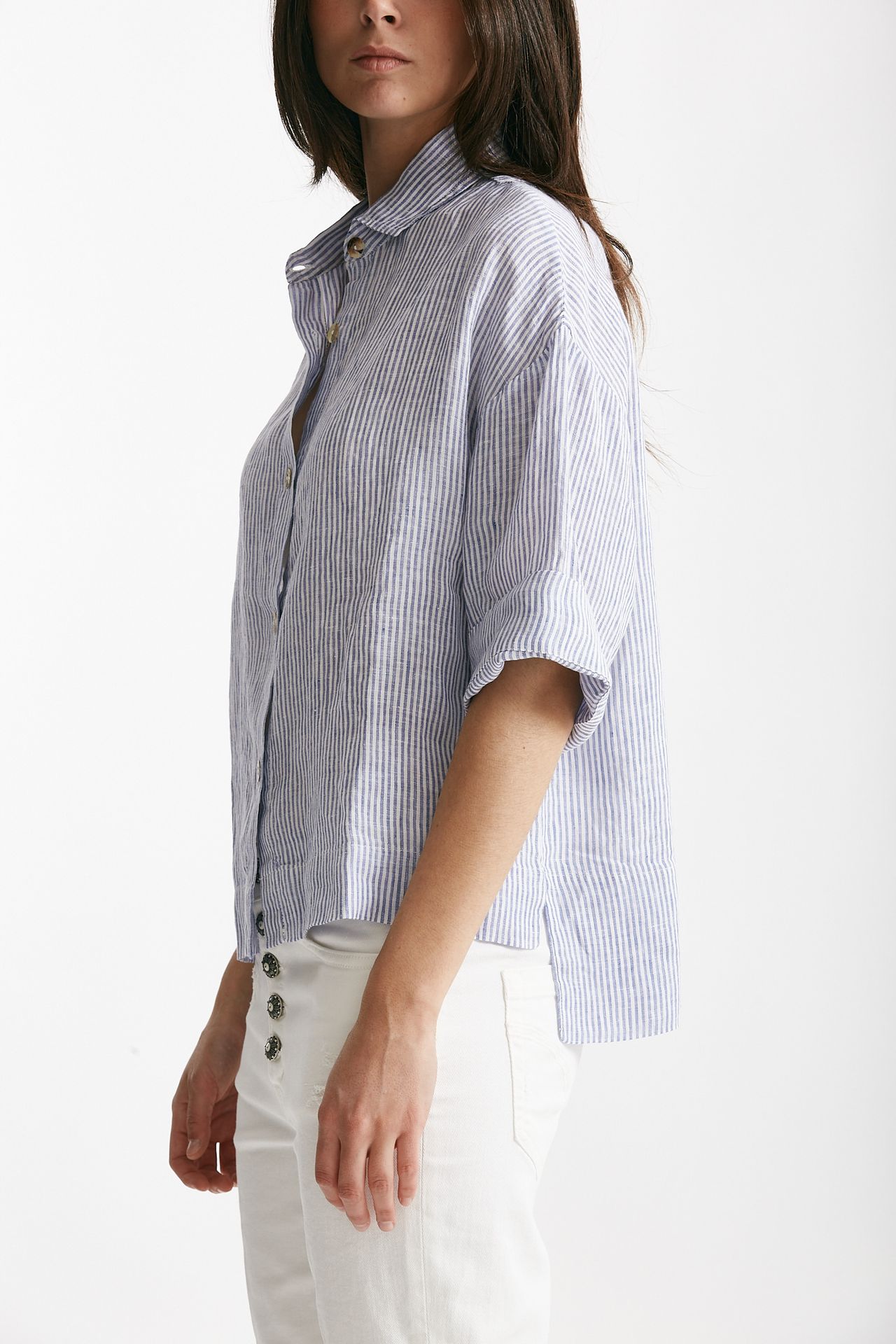 camicia in lino rigata bianca e azzurra women Clouds - 2