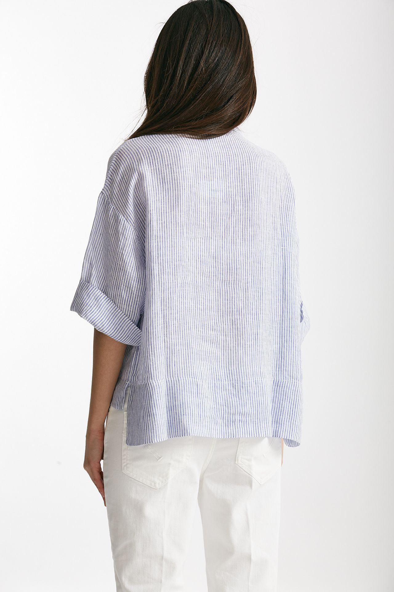 camicia in lino rigata bianca e azzurra women Clouds - 3