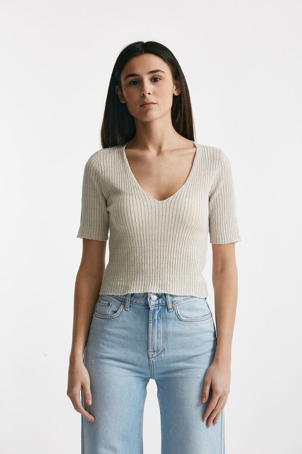 maglia a costine grigio tortora scollo a v women Grifoni
