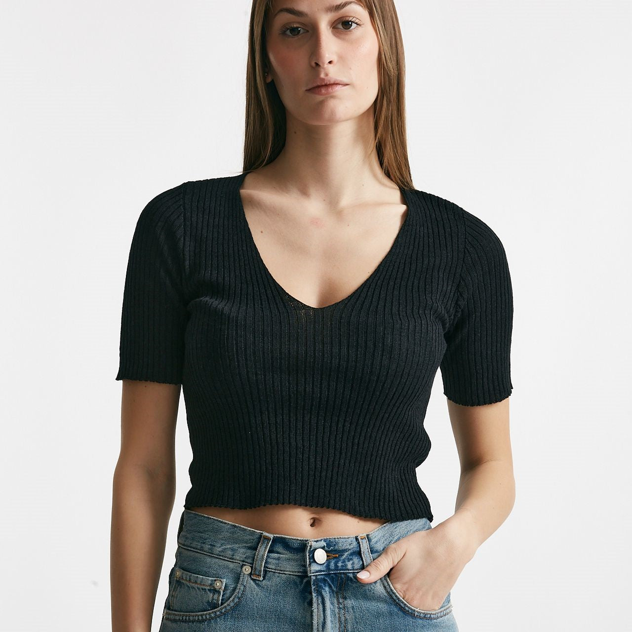 maglia a costine nero scollo a v women Grifoni - 4